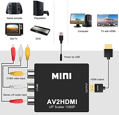 DIGITNOW!AV a HDMI Adaptador,3 RCA to HDMI Convertidor ,Conversor de Video y Audio con Cable de Carga USB,Compatible para PC/Laptop/Xbox / PS4 / PS3 / TV/VCR Cámara DVD