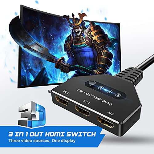 Divisor HDMI Interruptor HDMI, FOKKY HDMI 4K Divisor Automático / Manual Interruptor HDMI de 3 Puertos Chapado en Oro Admite 4K / 3D / Uhd / HD / 1080P para Xbox Ps4 Ps3 BLU-Ray Firestick HDTV