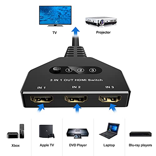 Divisor HDMI Interruptor HDMI, FOKKY HDMI 4K Divisor Automático / Manual Interruptor HDMI de 3 Puertos Chapado en Oro Admite 4K / 3D / Uhd / HD / 1080P para Xbox Ps4 Ps3 BLU-Ray Firestick HDTV