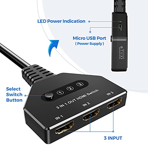 Divisor HDMI Interruptor HDMI, FOKKY HDMI 4K Divisor Automático / Manual Interruptor HDMI de 3 Puertos Chapado en Oro Admite 4K / 3D / Uhd / HD / 1080P para Xbox Ps4 Ps3 BLU-Ray Firestick HDTV