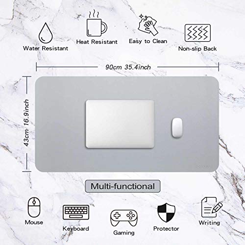 DOBAOJIA Alfombrilla de Ratón Mousepad XXL, Tapete de Escritura Estera Oficina Alfombrilla de Escritorio Protector Escritorio, Cuero PU Impermeable+Gamuza Antideslizante 90 x 43cm (Gris)