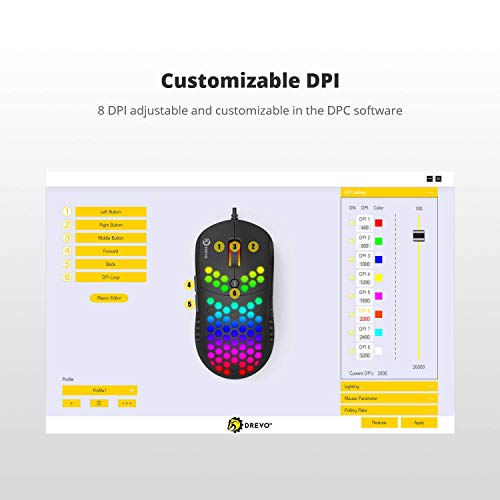 DREVO Falcon Ratón de Juegos con Cable liviano RGB-LED Sensor óptico 16000DPI (PixArt PMW 3389), frecuencia de Informe de 1000Hz, 400IPS, Cable Ultra Suave y Revestimiento Tipo Panal de Abeja, Blanco