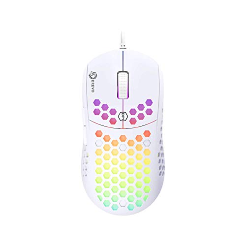 DREVO Falcon Ratón de Juegos con Cable liviano RGB-LED Sensor óptico 16000DPI (PixArt PMW 3389), frecuencia de Informe de 1000Hz, 400IPS, Cable Ultra Suave y Revestimiento Tipo Panal de Abeja, Blanco