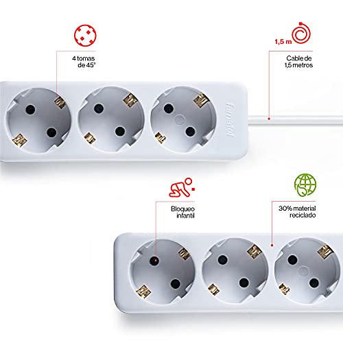 Famatel 9/504 Regleta 4 1,5 Metros | hasta 3680W | Protección Infantil | Orientación Tomas a 45º | Evita consumos Fantasma | Blanco