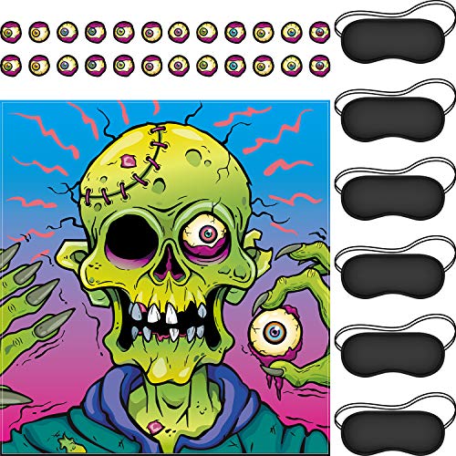Fija Globo Ocular en Zombi Juego de Fiesta Halloween, Póster Juego de Zombies con 24 Pegatinas de Globos Oculares de Zombies y 6 Máscaras de Ojos Negros