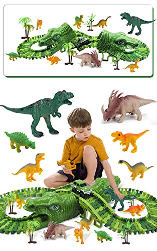 Fiouni Dinosaur Race Track Set para niños, 153 piezas de vías de tren flexibles con un coche de carreras militar / 8 dinosaurios de juguete, regalo de cumpleaños de Navidad para 3 4 años en adelante