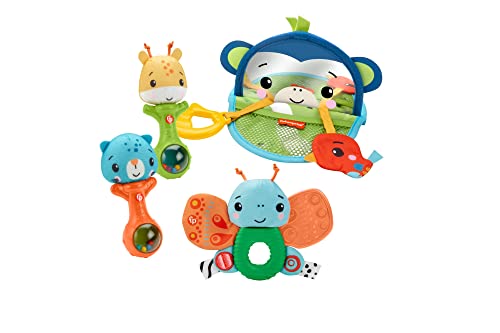 Fisher-Price Sentidos Kit de juego con mono espejo, mariposa mordedor y sonajeros de animales, juguete para bebés + 3 meses (Mattel HFJ92)