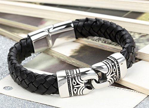 Flongo Joyería Pulsera Brazalete Negro Acero Inoxidable Retro Trenza de Cuero Tótem, Biker Pulsera Deportiva para Hombre