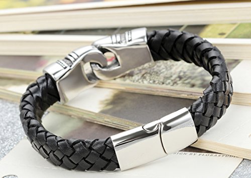 Flongo Joyería Pulsera Brazalete Negro Acero Inoxidable Retro Trenza de Cuero Tótem, Biker Pulsera Deportiva para Hombre