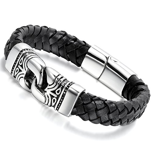 Flongo Joyería Pulsera Brazalete Negro Acero Inoxidable Retro Trenza de Cuero Tótem, Biker Pulsera Deportiva para Hombre