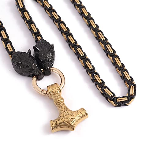 FLQWLL De Los Hombres Acero Inoxidable Cabeza De Lobo Negro Oro Rey Cadena con Mjolnir,Vikingo Martillo De Thor Nudo Celta Tótem Collar Colgante,Nórdico Odin Pagano Joyas Amuleto,Oro,70cm/27.5 in
