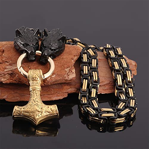 FLQWLL De Los Hombres Acero Inoxidable Cabeza De Lobo Negro Oro Rey Cadena con Mjolnir,Vikingo Martillo De Thor Nudo Celta Tótem Collar Colgante,Nórdico Odin Pagano Joyas Amuleto,Oro,70cm/27.5 in