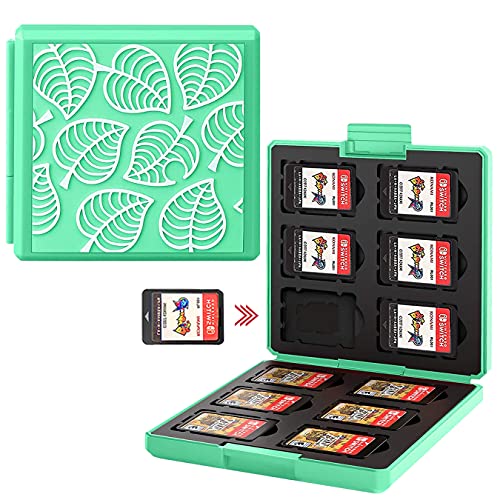 Genrics Funda de Juegos Compatible con Nintendo Switch con 12 Ranuras para Almacenamiento de Tarjetas de Juego y 12 Ranuras para Tarjetas SD, Estuche para Nintendo Switch Lite NS (Hoja Verde)