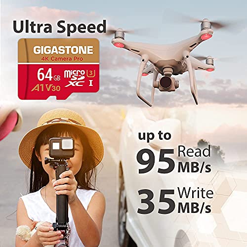 Gigastone Micro SD 64GB, Pack de 2, 4K Camera Pro para GoPro, Cámara de Acción, Wyze, Drone, Nintendo-Switch, 95/35MB/s Lec/Esc, UHS -I U3 A1 V30