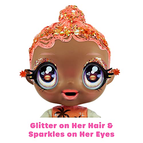 Glitter Babyz Muñeca Solana Sunburst - Con 3 cambios de color mágicos, pelo rosa coral y vestido tropical - Incluye pañal, biberón y chupete reutilizables - Para coleccionar - Edad: 3+ años