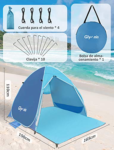 Glymnis Tienda de Playa Pop Up 2-3 Personas Anti-UV Protección Solar Tienda Instantánea Automática UPF 50+ Tienda de Playa Portátil con Puerta Cremallera para Playa Parque Pescar Patio Azul