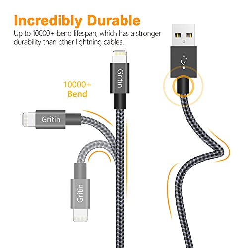 Gritin Cable Lightning Cargador iPhone, 2M [Apple MFi Certificado] Carga Rápida Nylon Trenzado Primera Calidad para iPhone 11 Pro/XR/XS MAX/XS/X/8/7/6S Plus/5S/5C/5/iPad Pro/iPad