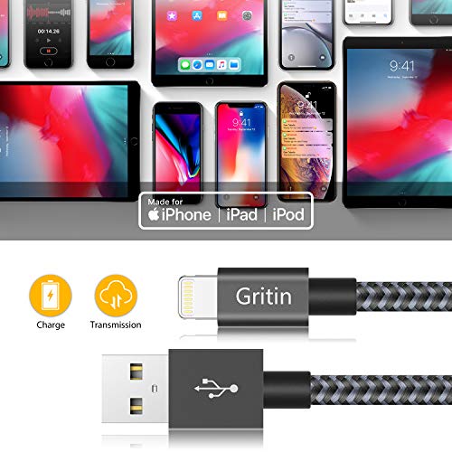 Gritin Cable Lightning Cargador iPhone, 2M [Apple MFi Certificado] Carga Rápida Nylon Trenzado Primera Calidad para iPhone 11 Pro/XR/XS MAX/XS/X/8/7/6S Plus/5S/5C/5/iPad Pro/iPad