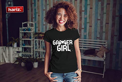 Hariz - Camiseta de manga corta para mujer, cuello redondo, diseño de chica, gaming, pixelo, cumpleaños Plus tarjetas de regalo Negro L