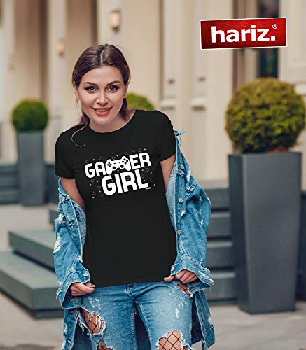 Hariz - Camiseta de manga corta para mujer, cuello redondo, diseño de chica, gaming, pixelo, cumpleaños Plus tarjetas de regalo Negro L