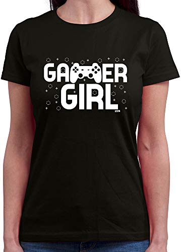 Hariz - Camiseta de manga corta para mujer, cuello redondo, diseño de chica, gaming, pixelo, cumpleaños Plus tarjetas de regalo Negro L