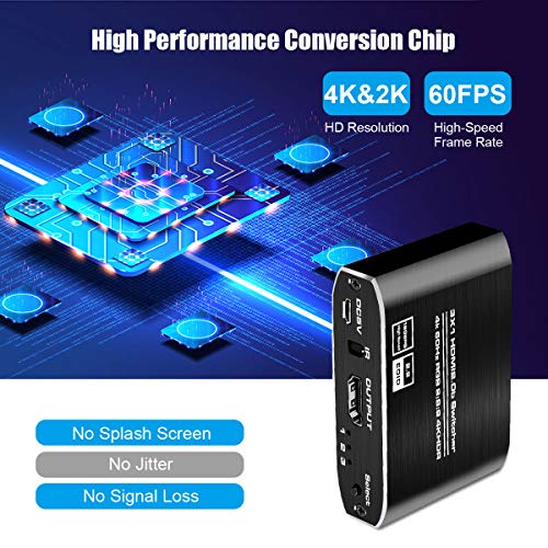 HDMI Switch 3 Entradas a 1 Salida, HDMI Conmutador 3D 4K 1080P Ladron HDMI Switch con Mando a Distancia para PS3/4 Xbox Chromecast DVD BLU-Ray Decodificador Movistar Receptor Satélite PC TV