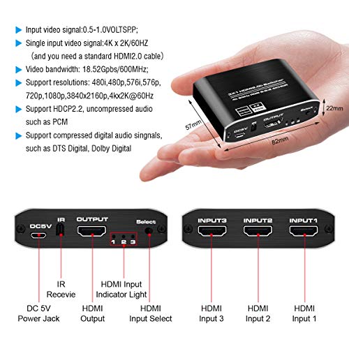 HDMI Switch 3 Entradas a 1 Salida, HDMI Conmutador 3D 4K 1080P Ladron HDMI Switch con Mando a Distancia para PS3/4 Xbox Chromecast DVD BLU-Ray Decodificador Movistar Receptor Satélite PC TV