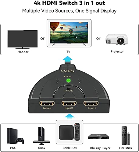 HDMI Switch 4K | GANA 3 Entradas 1 Salida Switch HDMI Splitter Soportes Full HD 4K 3D Duplicador HDMI Conmutador para HDTV/Xbox/PS3/4 /Apple TV/Fire Stick/BLU-Ray DVD-Player Selectores de Audio Vídeo