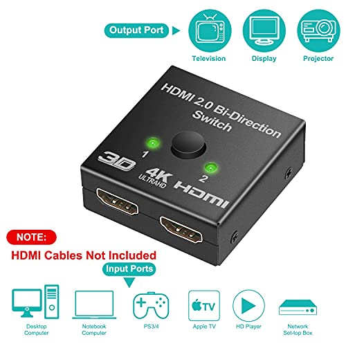 HDMI Switch, Conmutador HDMI Switcher Bidireccional Entrada 2 a 1 Salida o Switch 1 a 2 Salida, Soporta 4K 3D y 1080P para HDTV BLU-Ray Player PS3 PS4 DVD DVR Xbox etc