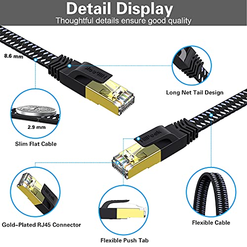 HiiPeak Cable Ethernet Cat 8 Nailon Plano, Cable de Red Lan de Alta Velocidad 40 Gbit/s y 2000 Mhz con Conectores Rj45 Chapados en Oro, Cable de Internet 2 metros