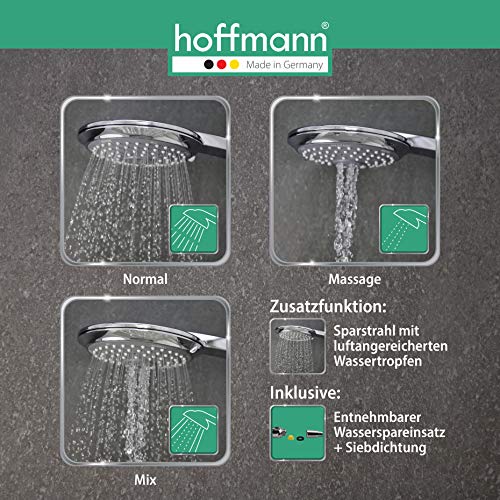 hoffmann Made in Germany Alcachofa de ducha Kiel con manguera. La ducha de 140 mm en cromo y tres tipos chorro, complementa perfectamente con manguera ducha de160cm de longitud para ducha o la bañera