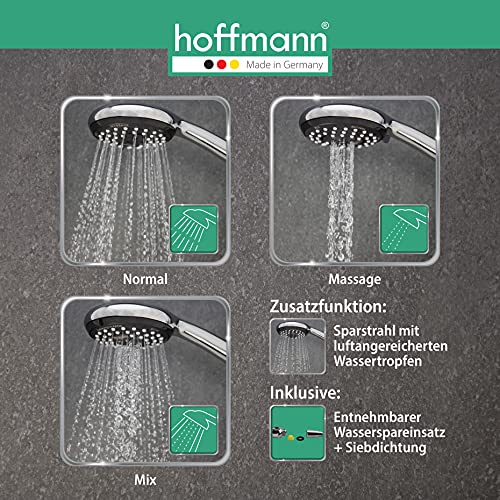hoffmann Made in Germany Barra de ducha Essensa Plus con barra de 70 cm, ducha de mano de 90 mm, 3 tipos de chorro, manguera de 1,60 m y deslizador.