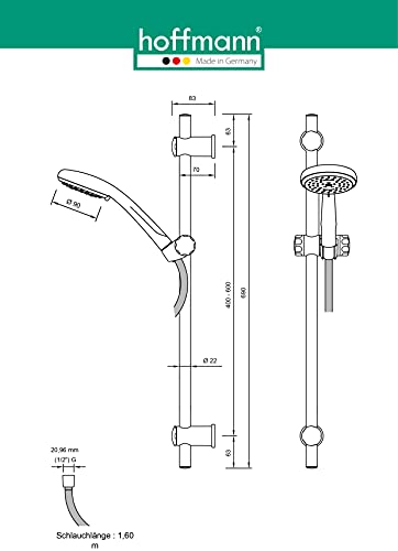 hoffmann Made in Germany Barra de ducha Essensa Plus con barra de 70 cm, ducha de mano de 90 mm, 3 tipos de chorro, manguera de 1,60 m y deslizador.