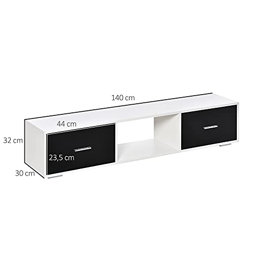 HOMCOM Mueble de TV para Televisores de hasta 60" Mesa de Salón Estilo Moderno con 2 Cajones y Compartimento Abierto 140x30x32 cm Blanco y Negro