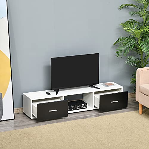 HOMCOM Mueble de TV para Televisores de hasta 60" Mesa de Salón Estilo Moderno con 2 Cajones y Compartimento Abierto 140x30x32 cm Blanco y Negro