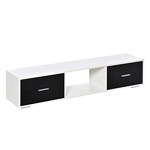 HOMCOM Mueble de TV para Televisores de hasta 60" Mesa de Salón Estilo Moderno con 2 Cajones y Compartimento Abierto 140x30x32 cm Blanco y Negro