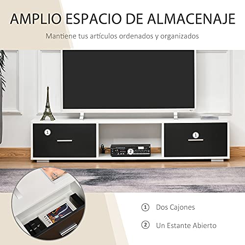 HOMCOM Mueble de TV para Televisores de hasta 60" Mesa de Salón Estilo Moderno con 2 Cajones y Compartimento Abierto 140x30x32 cm Blanco y Negro