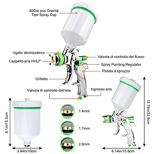 HVLP Pistola de Pintura Profesional,Pistola Pintura,con 3 boquillas 1,4mm 1,7mm 2,0mm y Taza de 600cc,Pistola Pintura Compresor para Automóviles, Techos, Paredes, Pisos Pintura
