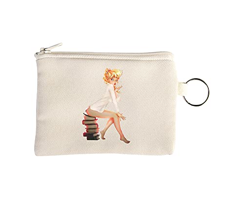 I Love Reading Anime Style Pin Up Girl Monedero pequeño Tipo Cartera con Llavero Beige One Size