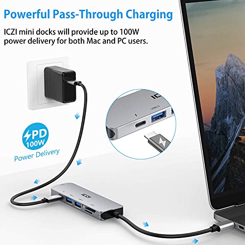 ICZI Hub USB C 6 en 1 de Aluminio Adaptador USB Tipo C a HDMI 4K Dex 2 USB 3.0 Lector de Tarjetas SD TF USB-C Power Delivery Dock Station para Macbook Pro Surface Pro 7 etc