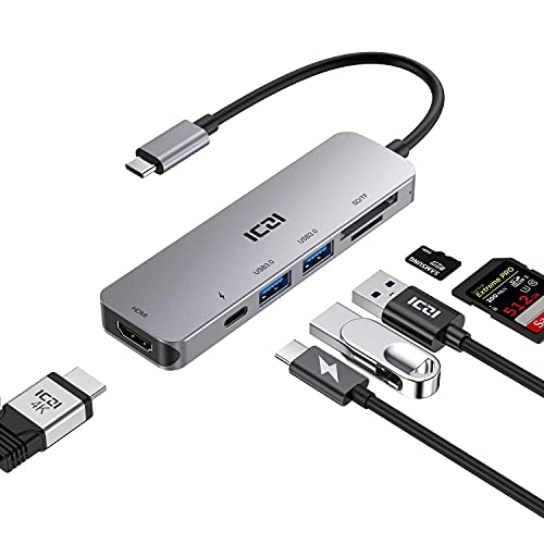 ICZI Hub USB C 6 en 1 de Aluminio Adaptador USB Tipo C a HDMI 4K Dex 2 USB 3.0 Lector de Tarjetas SD TF USB-C Power Delivery Dock Station para Macbook Pro Surface Pro 7 etc
