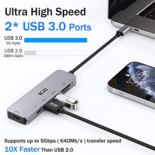 ICZI Hub USB C 6 en 1 de Aluminio Adaptador USB Tipo C a HDMI 4K Dex 2 USB 3.0 Lector de Tarjetas SD TF USB-C Power Delivery Dock Station para Macbook Pro Surface Pro 7 etc