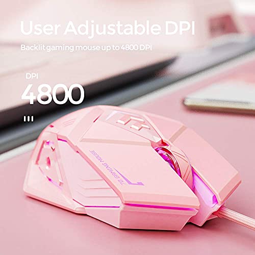 INPHIC Ratón para juegos rosa.Ratón óptico USB con cable.Luz de fondo RGB.4niveles DPI ajustables hasta 4800.diseño ergonómico y 7botones programables.Ratones para juegos de PC para el sistema Windows