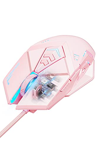 INPHIC Ratón para juegos rosa.Ratón óptico USB con cable.Luz de fondo RGB.4niveles DPI ajustables hasta 4800.diseño ergonómico y 7botones programables.Ratones para juegos de PC para el sistema Windows