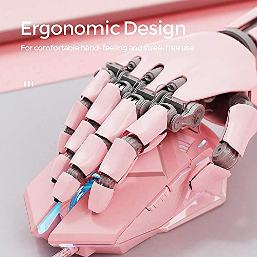INPHIC Ratón para juegos rosa.Ratón óptico USB con cable.Luz de fondo RGB.4niveles DPI ajustables hasta 4800.diseño ergonómico y 7botones programables.Ratones para juegos de PC para el sistema Windows