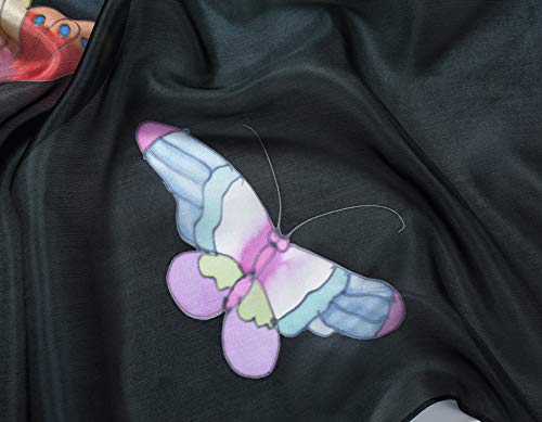 Invisible World Pañuelo Cabeza de Seda Foulard de Pelo Ligera Pintado a Mano para Mujer Mariposa Negro