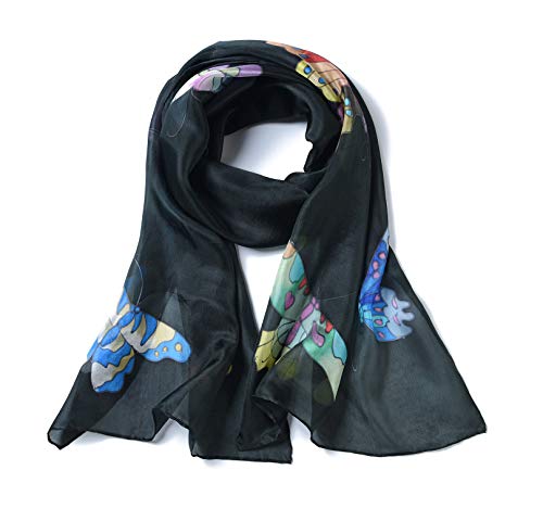 Invisible World Pañuelo Cabeza de Seda Foulard de Pelo Ligera Pintado a Mano para Mujer Mariposa Negro