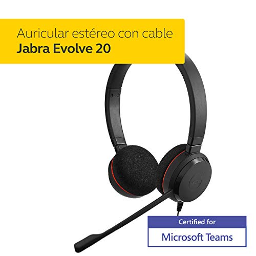 Jabra Evolve 20 - Auriculares Estéreo Certificados por Microsoft para VoIP Softphone - Cancelación Pasiva de Ruido - Cable USB con Unidad de Control - Negro