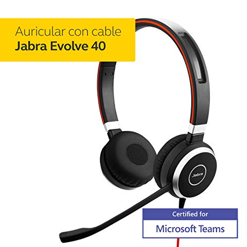 Jabra Evolve 40 MS - Auriculares Estéreo Certificados por Microsoft para VoIP Softphone - Cancelación Pasiva de Ruido - Cable USB-A con Unidad de Control - Negro