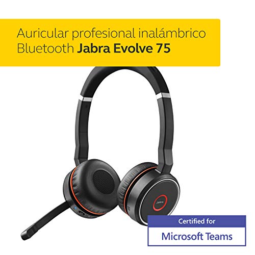 Jabra Evolve 75 MS - Auriculares Inalámbricos Estéreo On-Ear certificados por Microsoft - Batería de Larga Duración - Adaptador Bluetooth USB - Negro